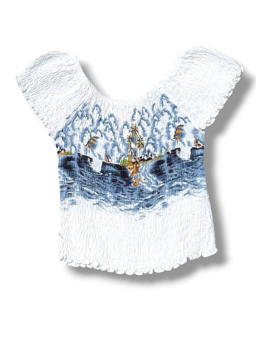 Vintage 90s Rayon Smocked Off-the-shoulder Ocean Wave Graphic Top M